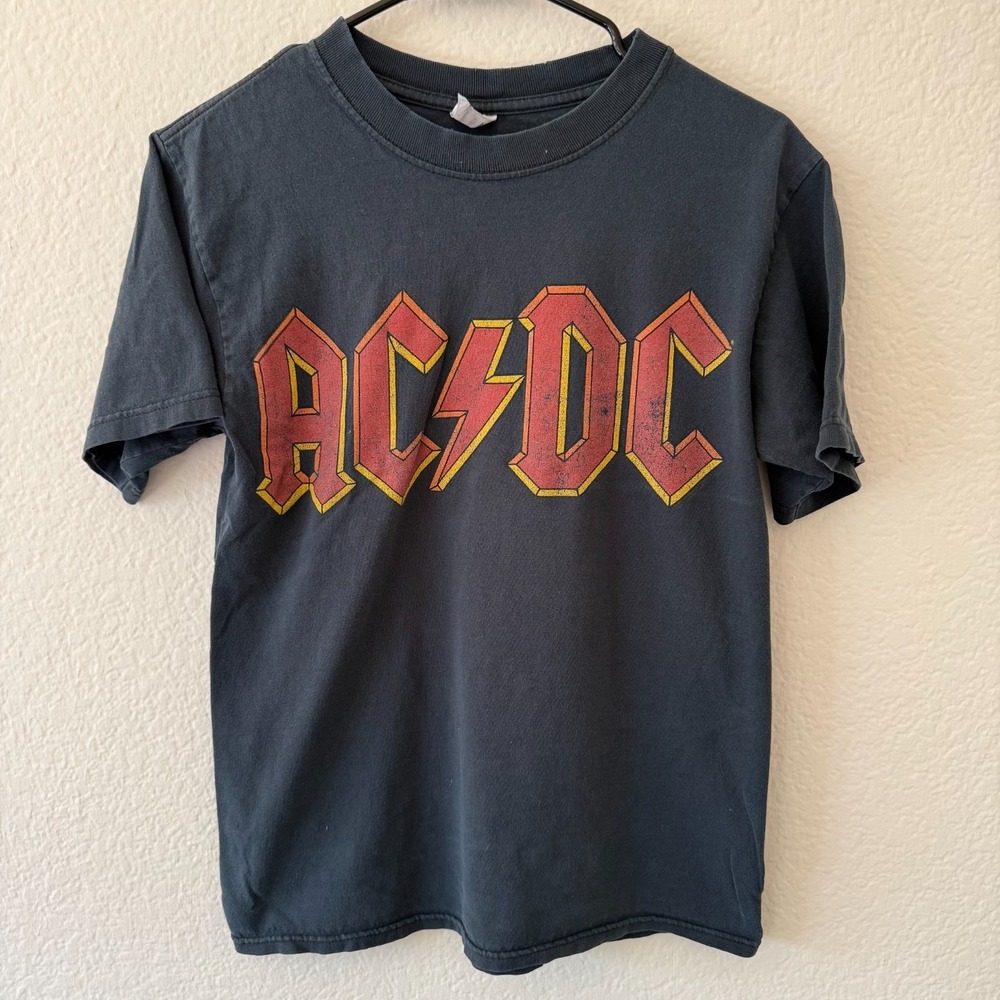 Vintage 90s AC/DC Classic Logo Band Tee - Fade Black - Small (Anvil Red Bar Tag)